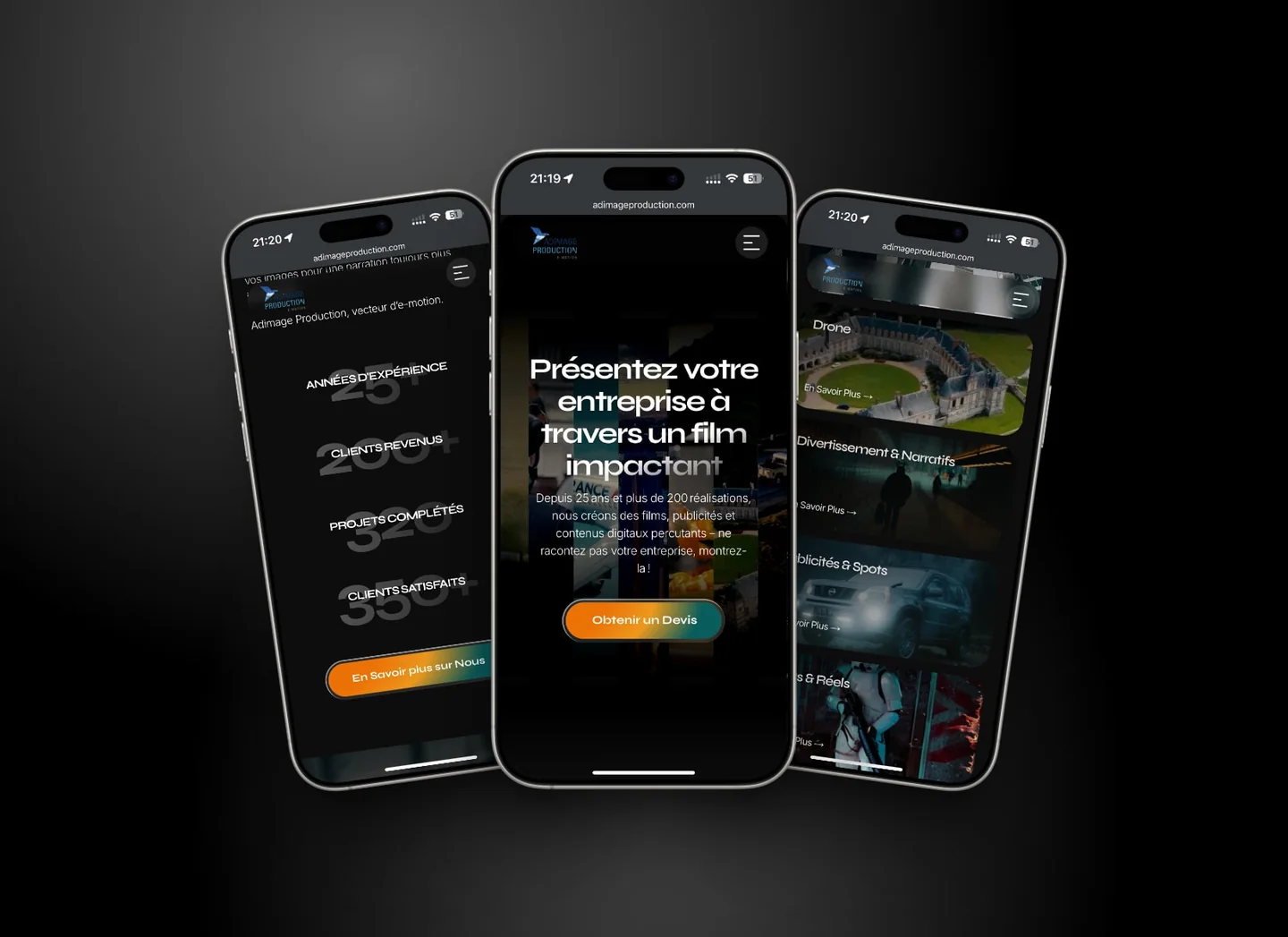 Adimage Production homepage and work on mobile