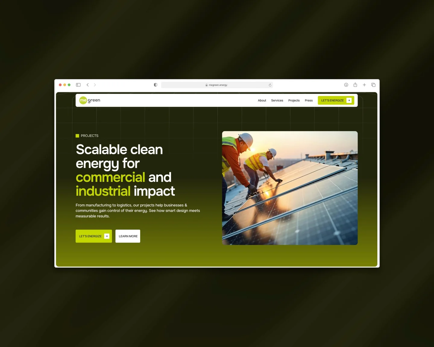 ME Green homepage and solar solutions on desktop