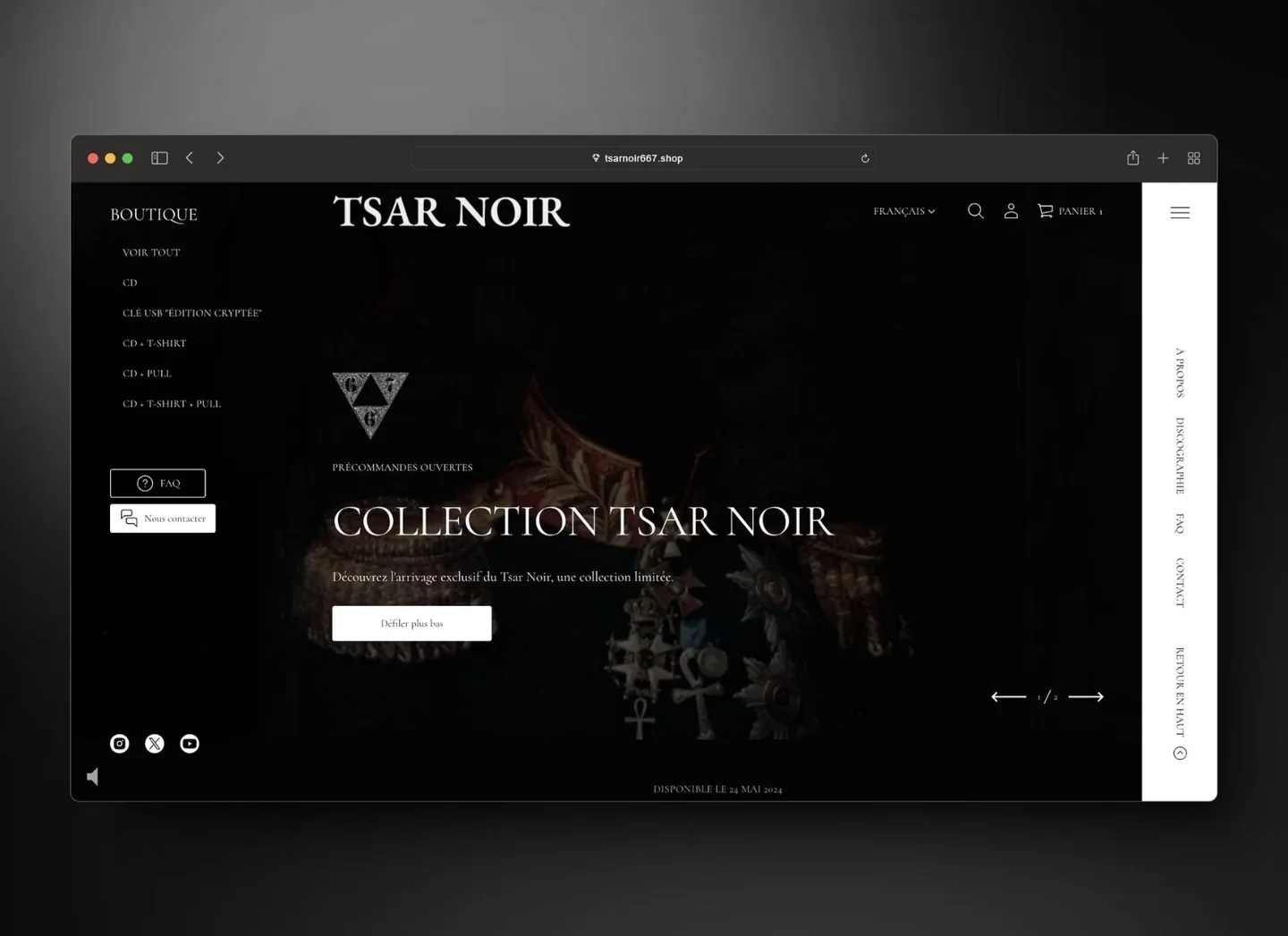 Tsar Noir collection homepage on desktop